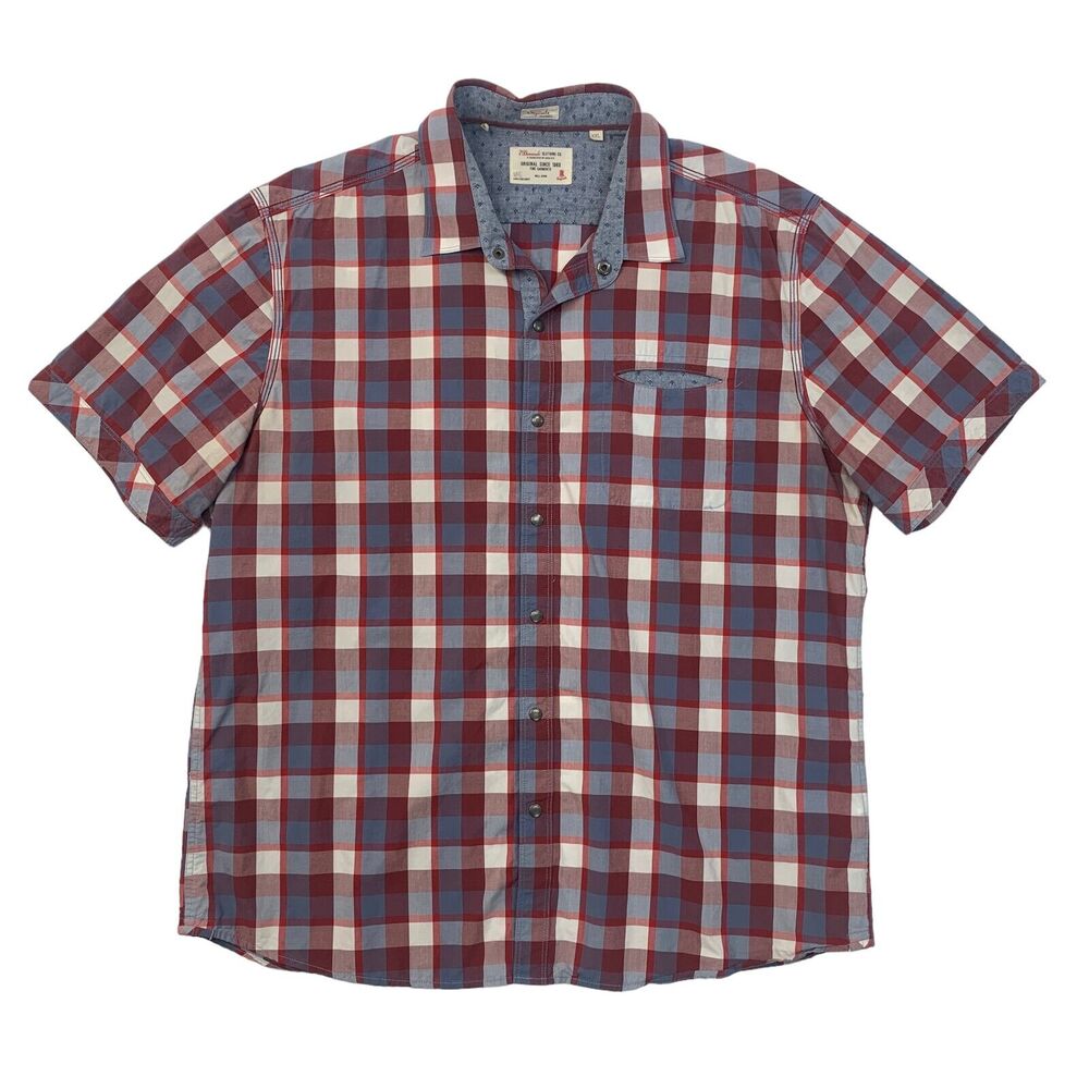 7 Diamonds Shirt Mens XXL 2XL Red Cotton Plaid Short Sleeve Snap Button Western